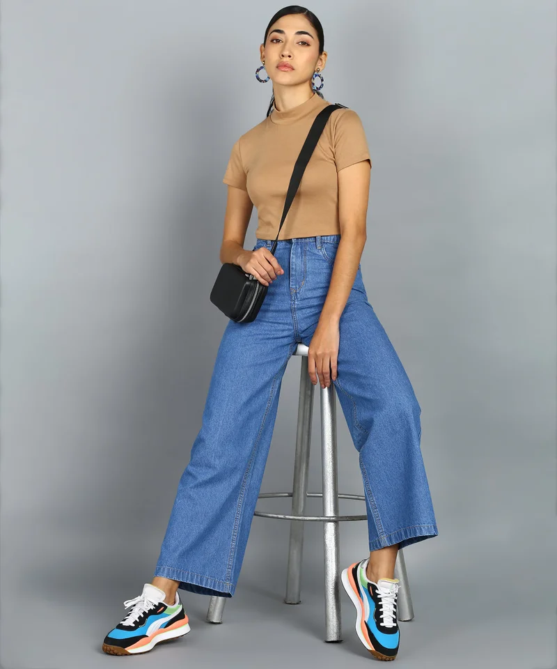 Urbano Fashion  Urbano Fashion Women's Light Blue Regular Fit Wide Leg Washed Jeans for Women | Best Price UAE